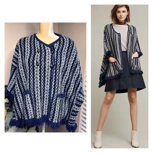 Anthropologie Sleeping On Snow Poncho Sweater With Pockets Fringe Hem
